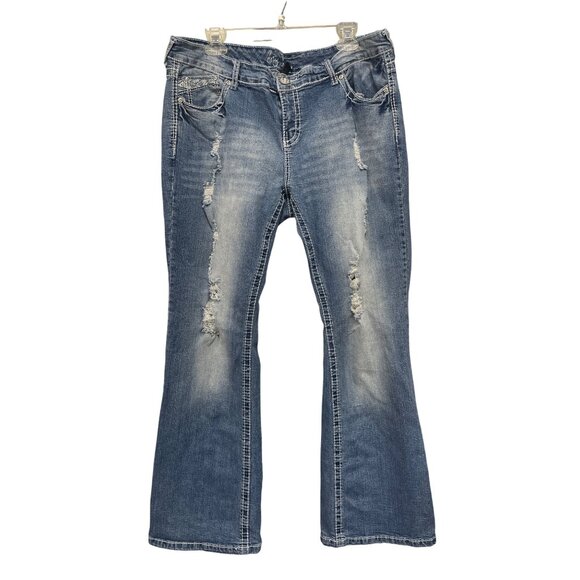 Arya Jeans Distressed Bootcut Denim Pants Sz 18 Medium Wash Stretch Button - Picture 1 of 9